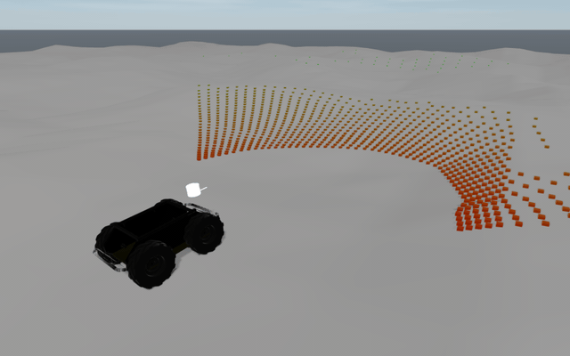 Husky driving over rough terrain with ray-scan lidar hits colored by range