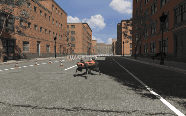 Camera moving around ANYmal C standing on a photoreal city street next to roadworks