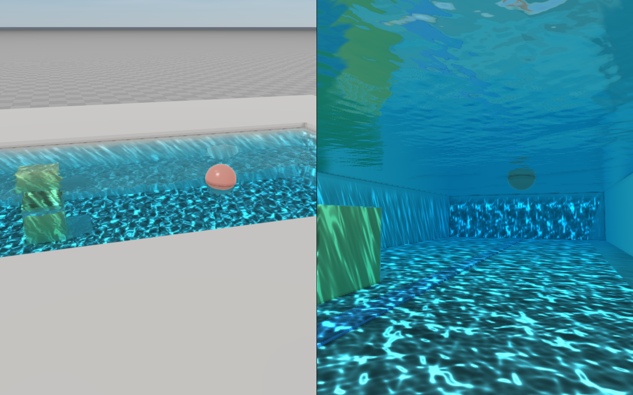 A pool from its deck and from under the surface