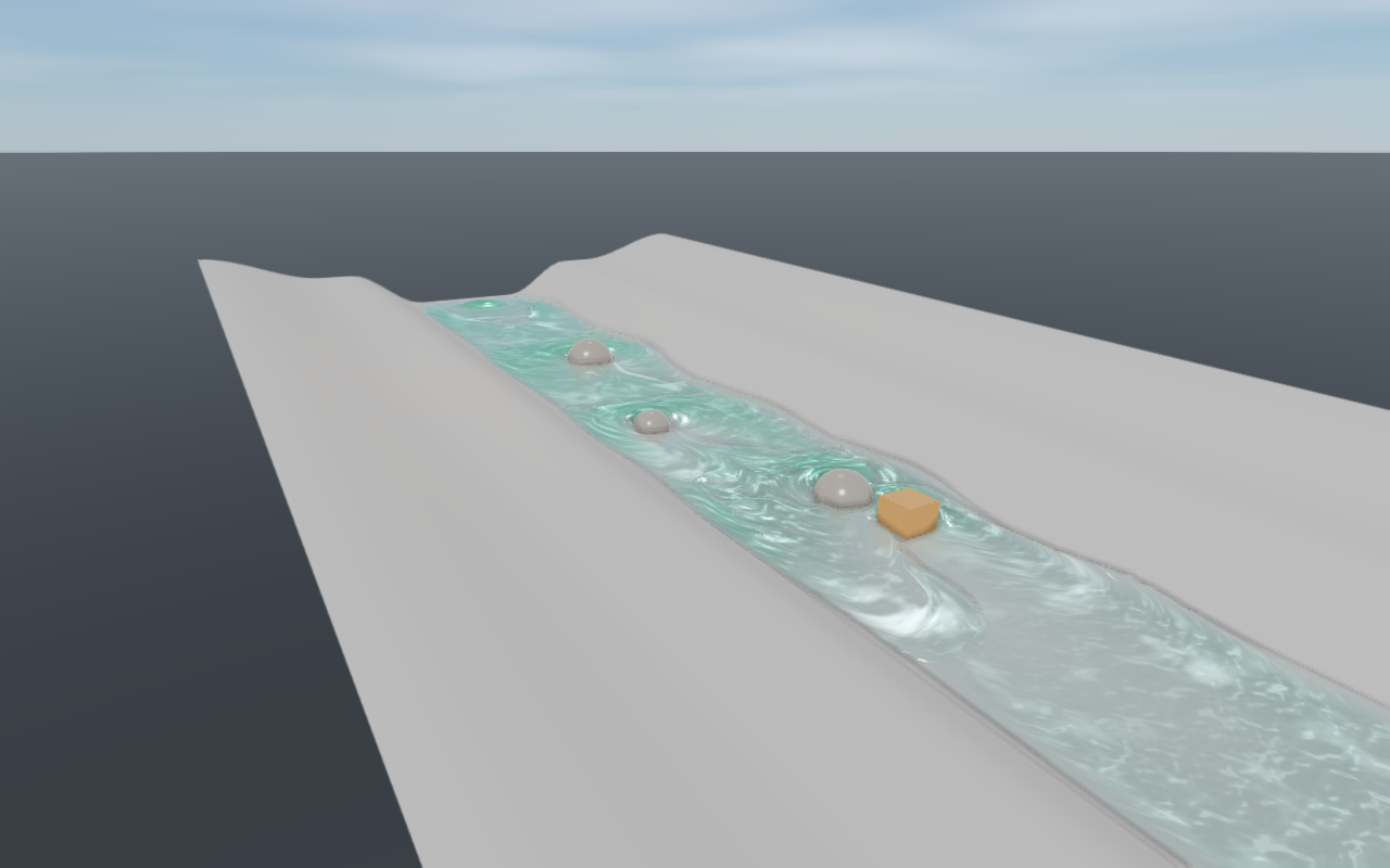 A spring-fed channel: the water parts around three boulders and a box pushed across it