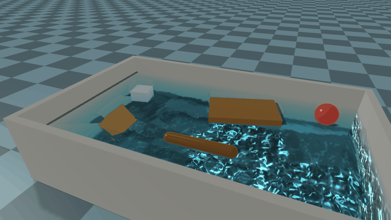Bodies at rest in a pool, each at its own depth: a half-dense cube with an edge up, an ice block mostly under water, a plank, a log and a light ball