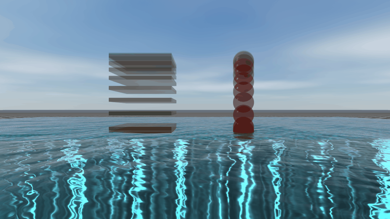 A plate and a ball falling into a pool every 50 ms: the plate stops on the surface, the ball plunges and bobs