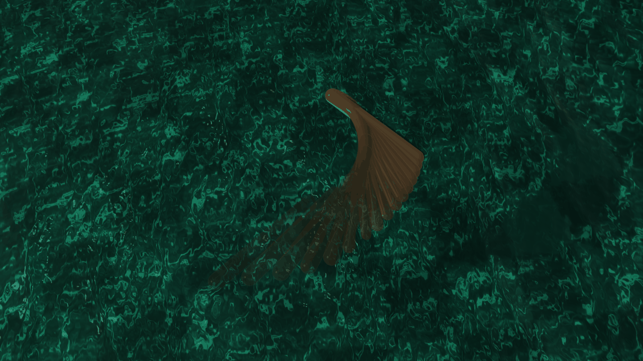 A floating log shoved along at an angle to its axis, yawing and curving as it glides