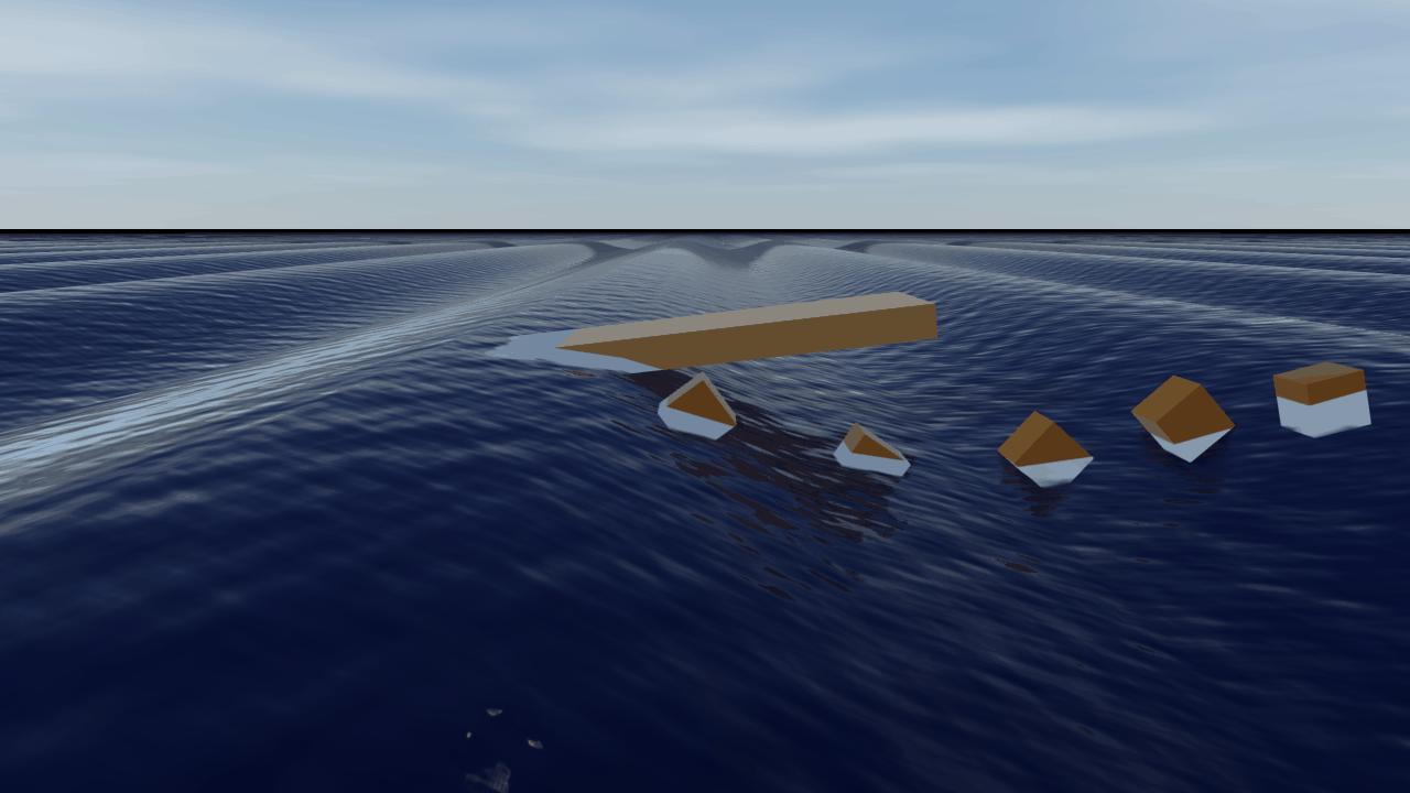 A raft half a wave long tilted from a trough to a crest, with a row of crates riding the wave at different heights