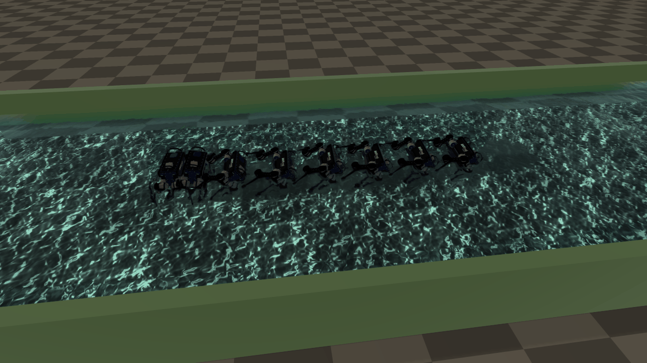 ANYmal across a stream of 2 m/s, every half second from standing: it tips over and the stream carries it off